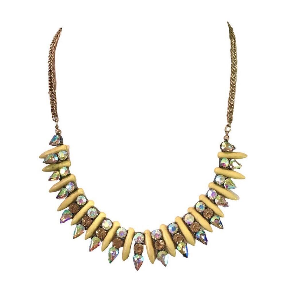 Rhinestone Necklace 21 Inch Gold Tone Chain Yellow Spike Statement Necklace
